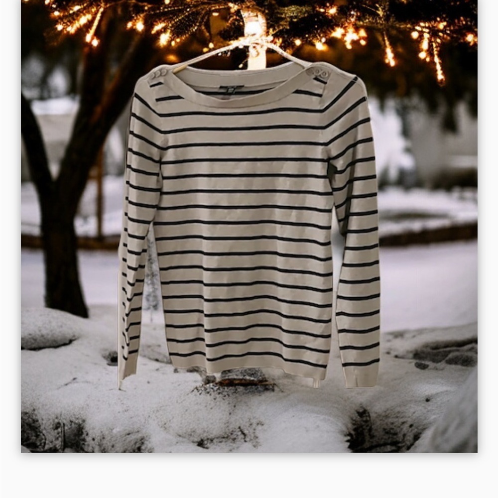 JACOB Grey/Black Stripe Knit Sweater -Boatneck-Button at neck detail -SzM-EUC🍂 - Picture 5 of 11